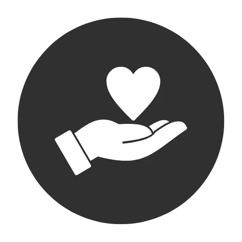 An icon of a hand holding a heart, symbolizing generosity and hospice donations.